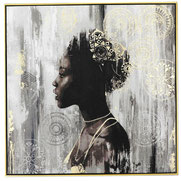 peinture toile tableau décoration cadre encadrement femme personnage féminité afrique colier inpression or noir et blanc intérieur chambre salon duo moderne design 