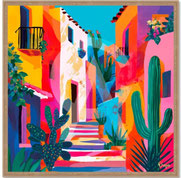 impression toile tableau peinture decoration intérieure moderne design contemporaine rue maison colorée cactuse voyage mexique mediterrannée idee cadeau anniversaire mariage noel paques peps art pop ruelle escalier balcon village 
