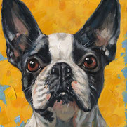 impression toile tableau peinture chien bouledogue francais boxer toutou noir et blanc carlin idee cadeau anniversaire paques noel enfant homme femme moderne tendance design contemporain luxe chic fond jaune portrait solde art artiste popart fantaisie 
