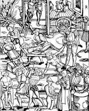 German 17th century woodcut depicting witches being tortured and executed