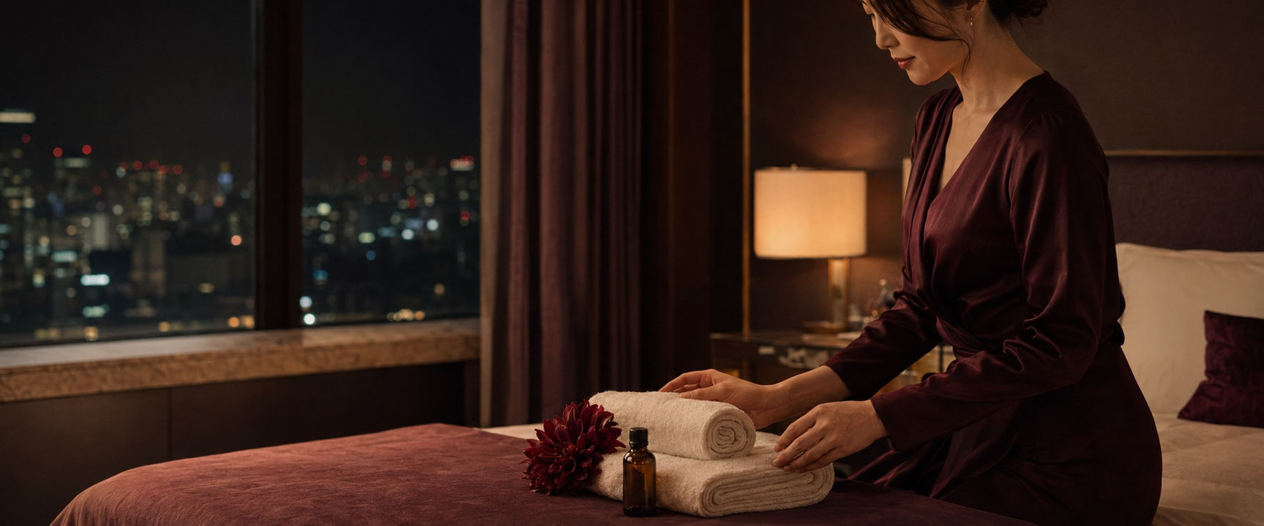 ホテル夜景と施術準備をする女性｜ラ・グランフルールのサービスイメージ
