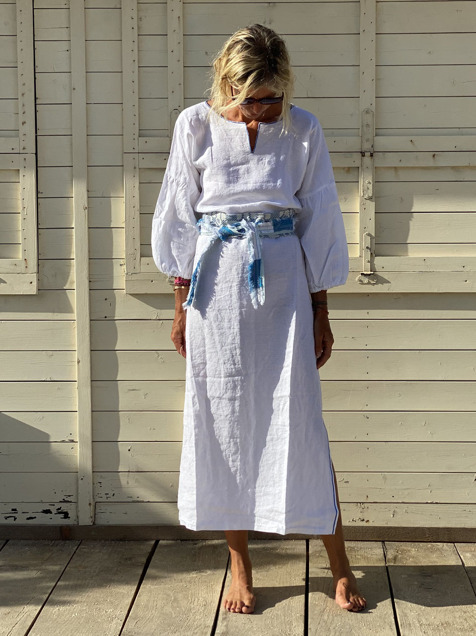 oops SOLD Clean Dress with Blue Belt - luxurydejavu by Tina Pahl