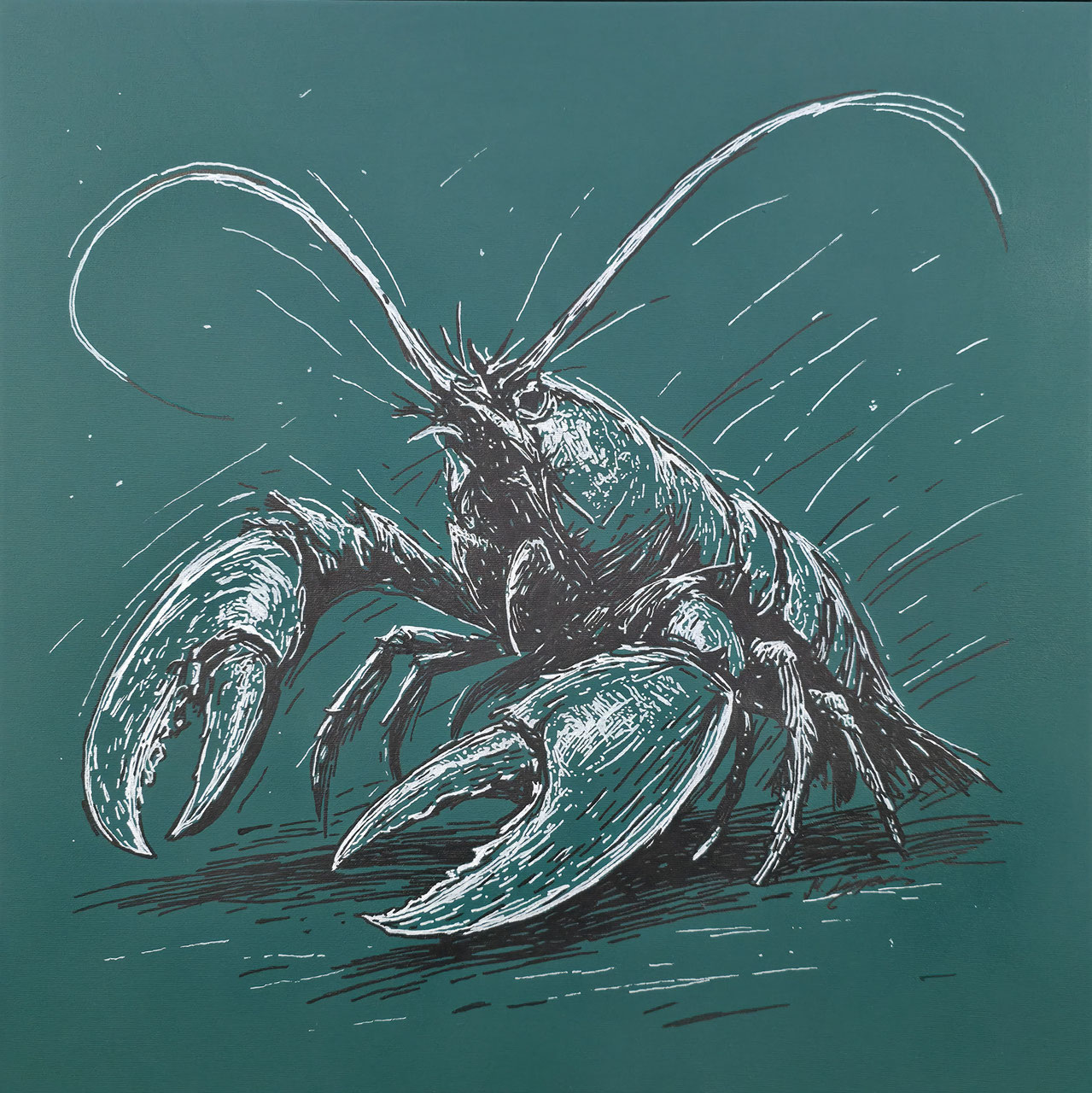 STANDING GROUND – Hummer, 60×60 cm (2025), Acryl auf Leinwand und Acrylmarker; petrolgrüner Hintergrund.