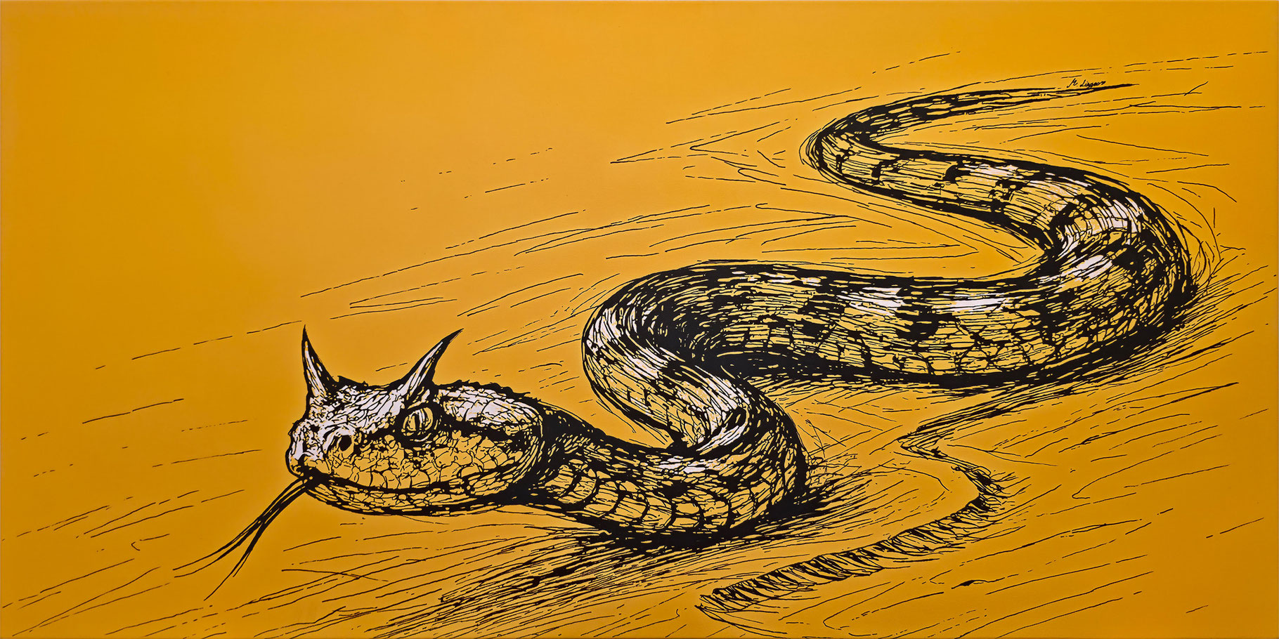 SHIFTING SANDS – Hornviper, 160×80 cm (2025), Acryl auf Leinwand; gelber Hintergrund.