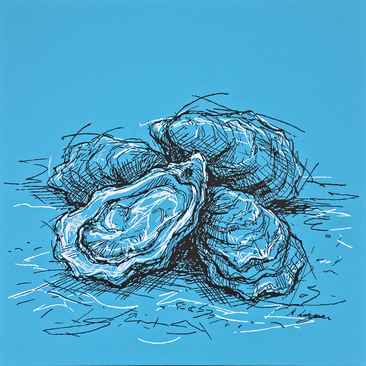 CLOSED, BUT NEVER EMPTY – Austern, 60×60 cm (2025), Acryl auf Leinwand und Acrylmarker; blauer Hintergrund.