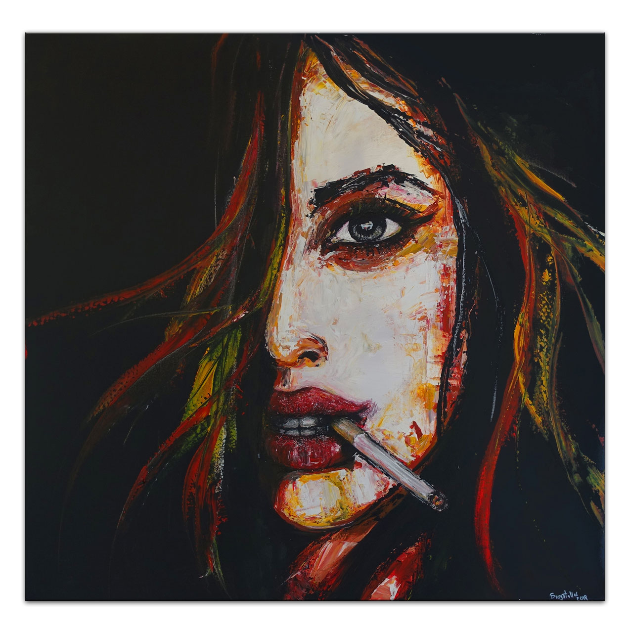 Smoking Frau Gesicht Malerei Acrylbild Leinwandbild - Burgstaller