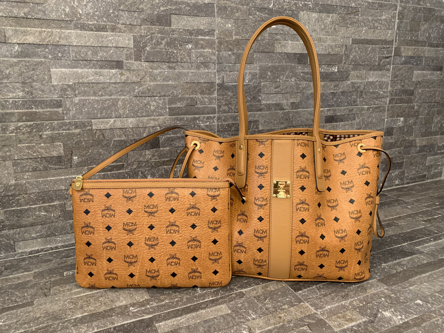 MCM Visetos Liz Wendeshopper Medium in Cognac Ankauf Verkauf Second Hand Designertaschen und Accessoires