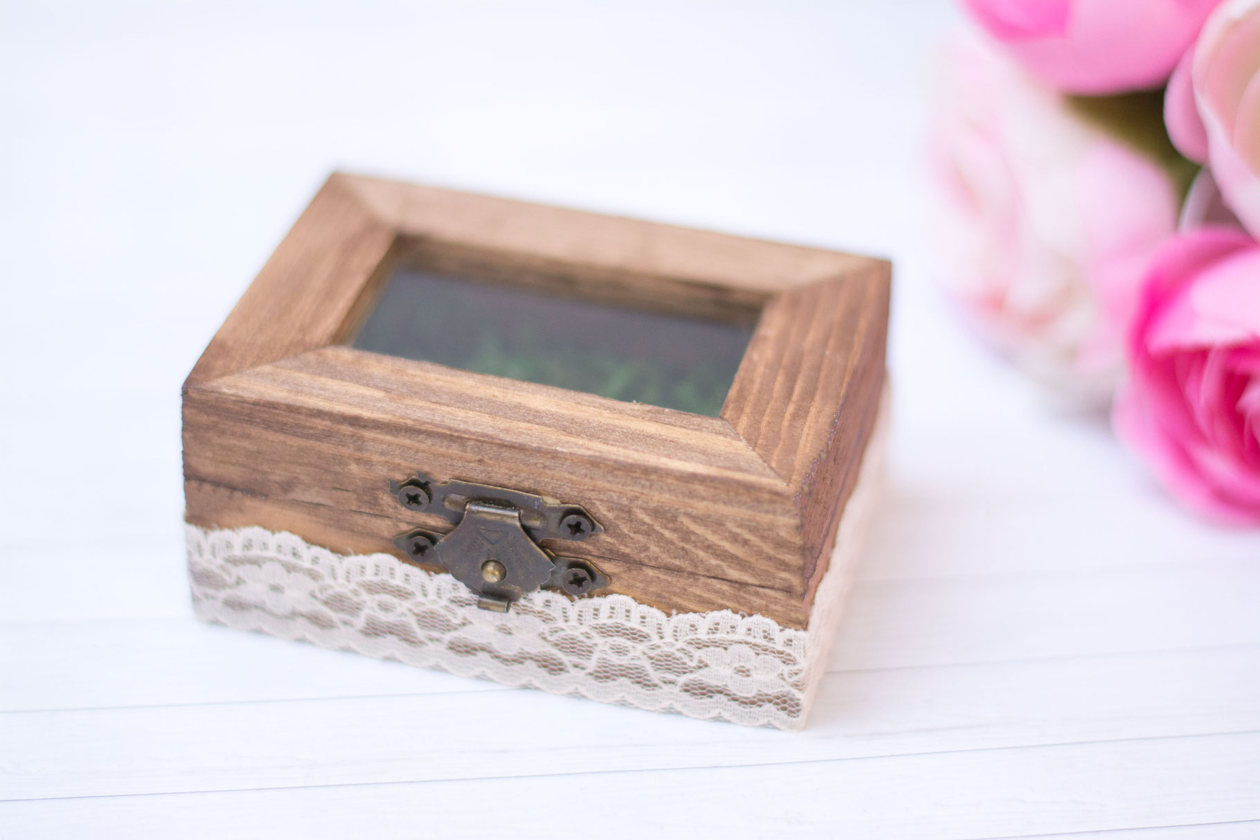 Glass Ring Bearer Wedding Wooden Box Moss Pillow Happy Wedding Art