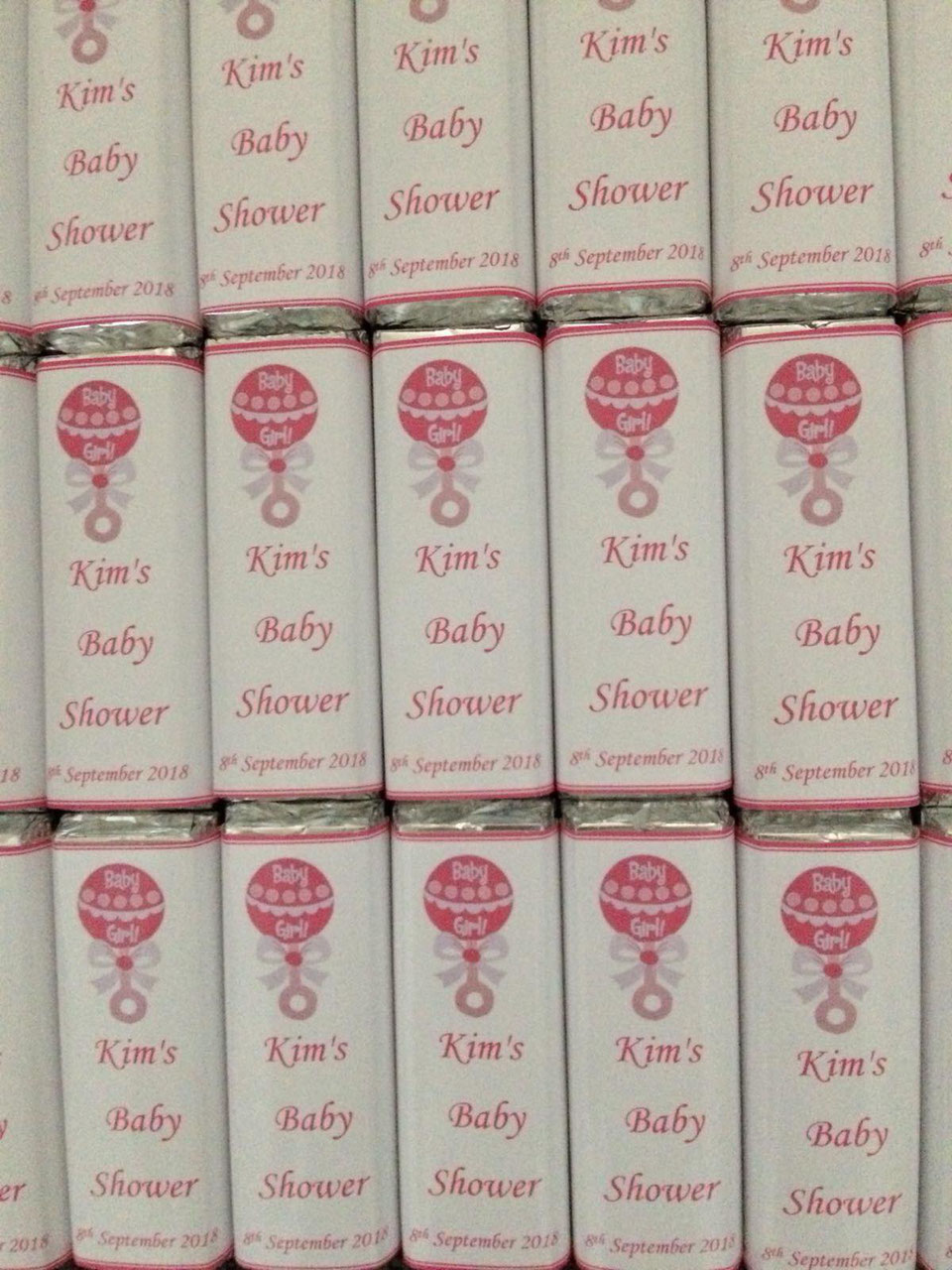 60 Personalised Pink & Blue Baby Shower Chocolate Bar WRAPPERS Favours Ref B6kk 