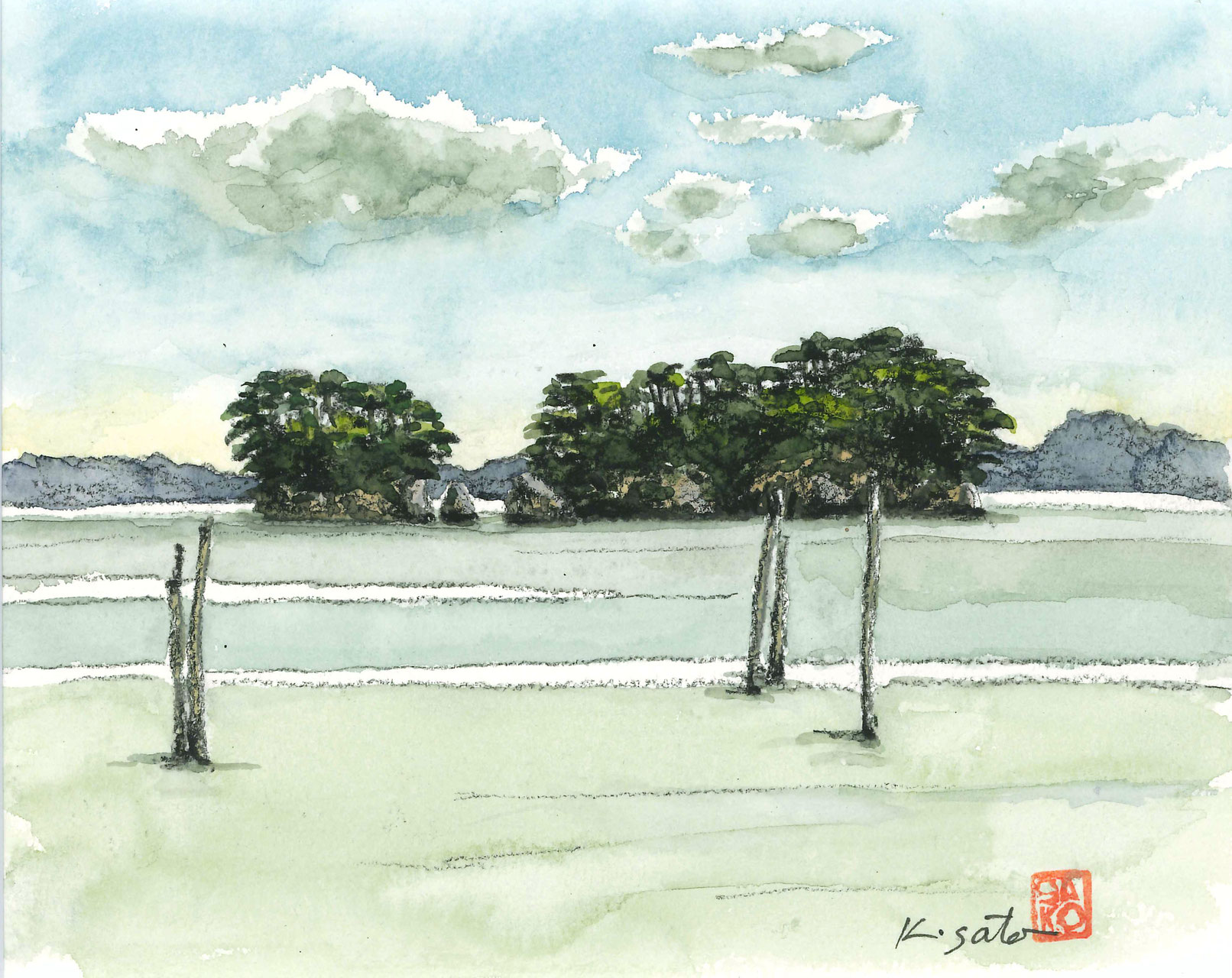 佐藤孝一　水彩画【雀島】宮城県松島町 福浦橋近　未使用保管品　真作　額装品 佐藤孝一 水彩画【雀島】宮城県松島町 福浦橋近 未使用保管品 真