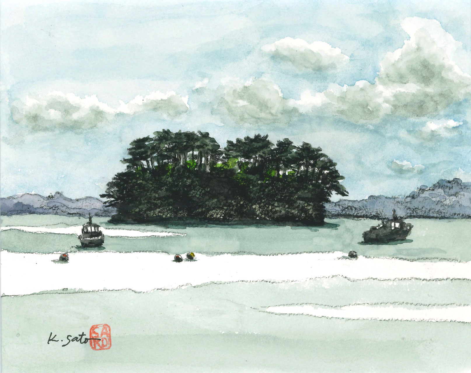 佐藤孝一　水彩画【雀島】宮城県松島町 福浦橋近　未使用保管品　真作　額装品 佐藤孝一 水彩画【雀島】宮城県松島町 福浦橋近 未使用保管品 真