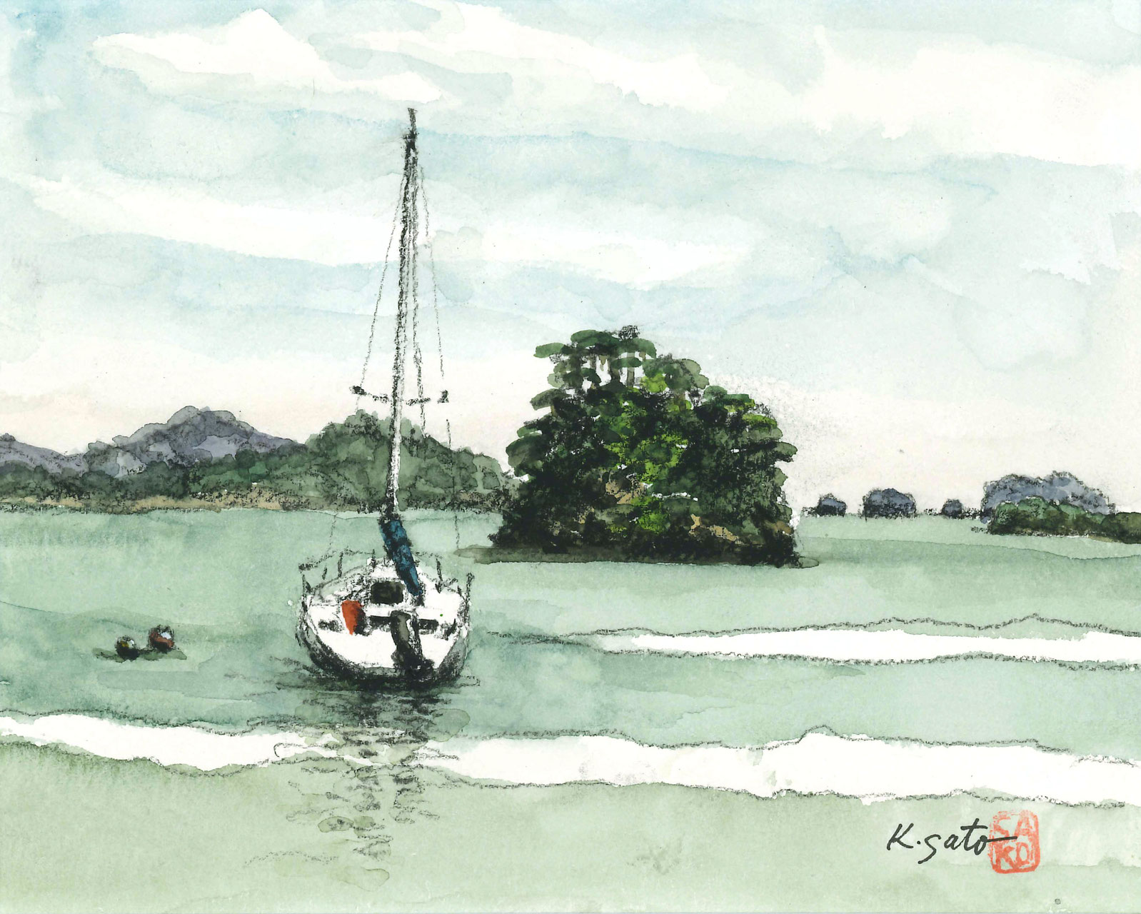 佐藤孝一　水彩画【雀島】宮城県松島町 福浦橋近　未使用保管品　真作　額装品 佐藤孝一 水彩画【雀島】宮城県松島町 福浦橋近 未使用保管品 真