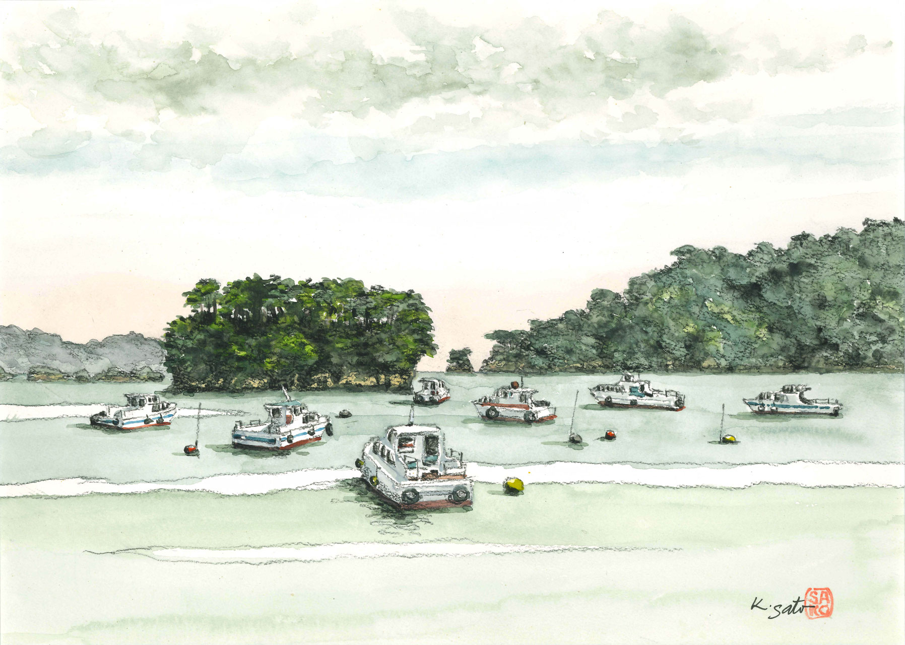 佐藤孝一　水彩画【雀島】宮城県松島町 福浦橋近　未使用保管品　真作　額装品 佐藤孝一 ショップページ - 晩翠画廊｜仙台市青葉区の美術画廊
