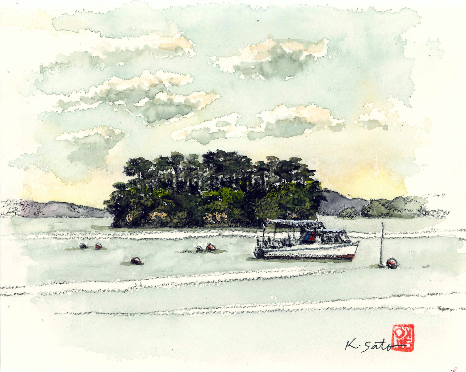 佐藤孝一　水彩画【雀島】宮城県松島町 福浦橋近　未使用保管品　真作　額装品 佐藤孝一 ショップページ - 晩翠画廊｜仙台市青葉区の美術画廊