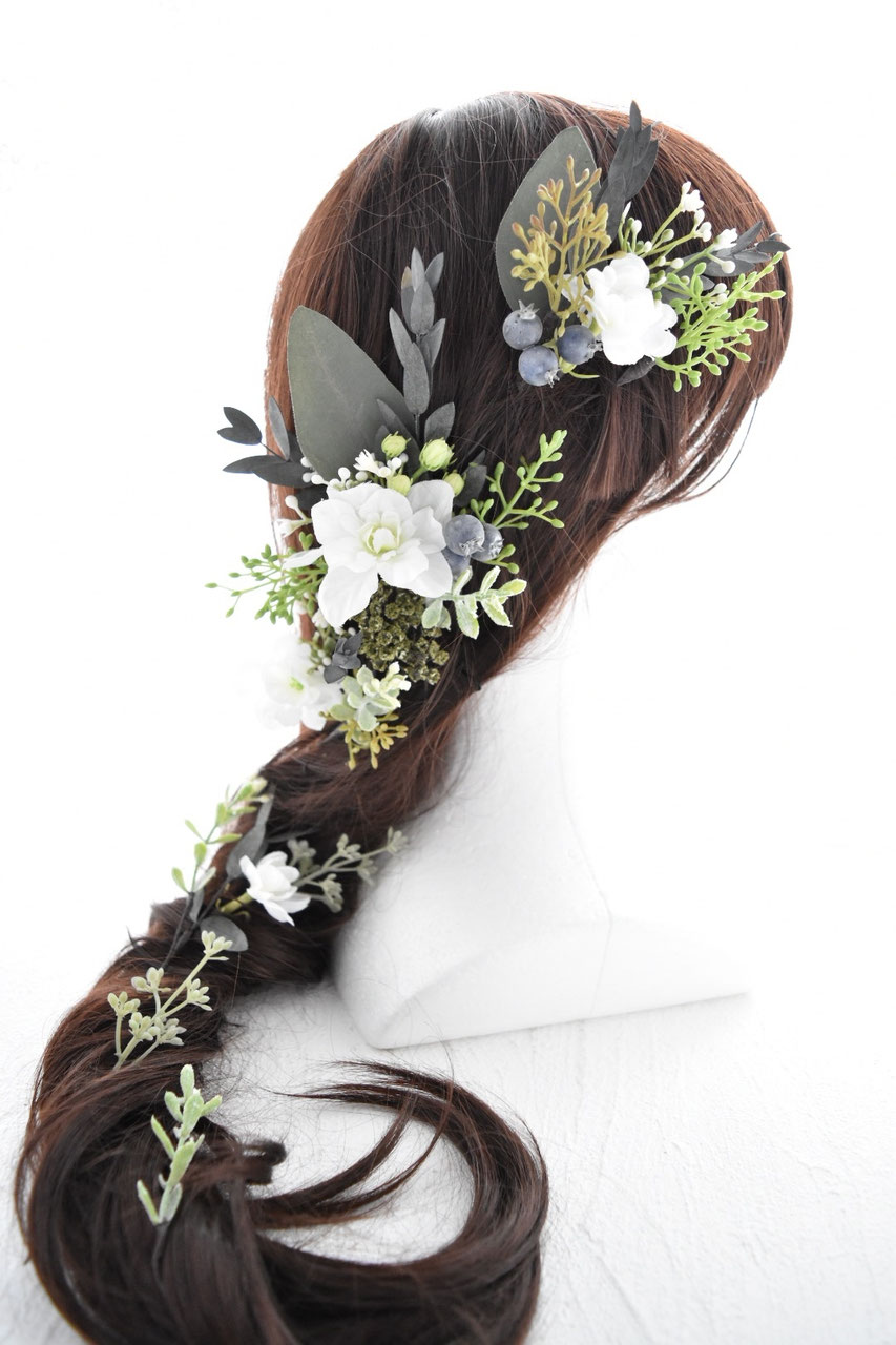 ウエディングブーケ＆お揃いヘアパーツセット ウエディングブーケ+ブートニア+髪飾り♡ウェディングブーケブーケ