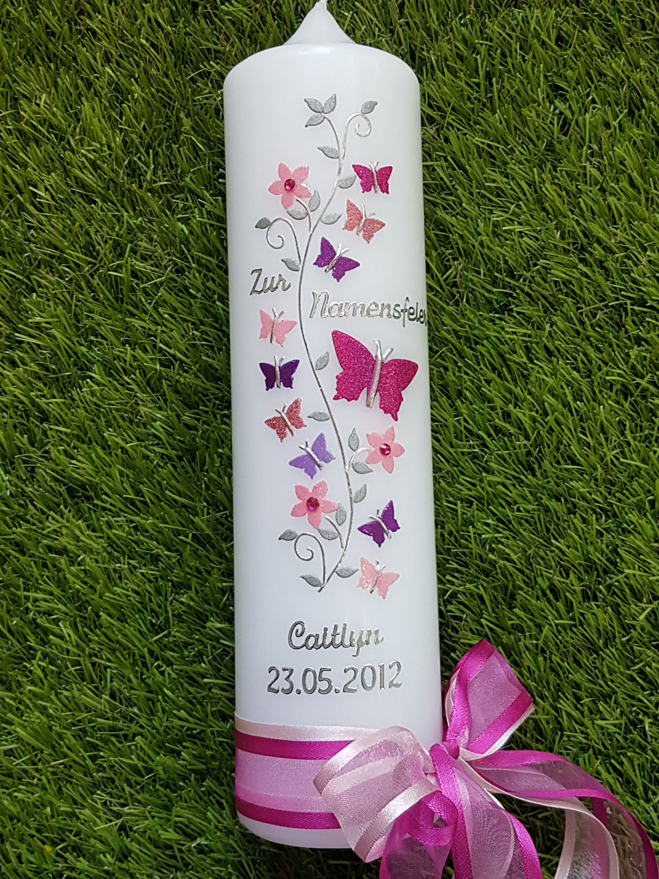 Taufkerze TK089 Schmetterlings Blumenranke PinkRosaAltrosaBrombeerlilaFlieder Holoflitter