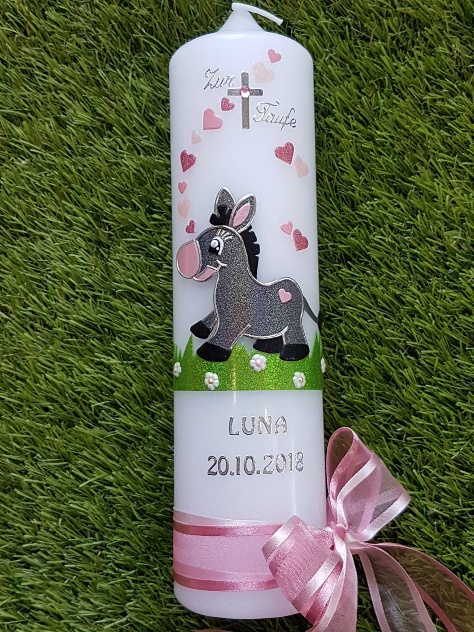 Taufkerze Kommunionkerze Kreuz silber rosa glitzer Taufkerzen für Mädchen NEU