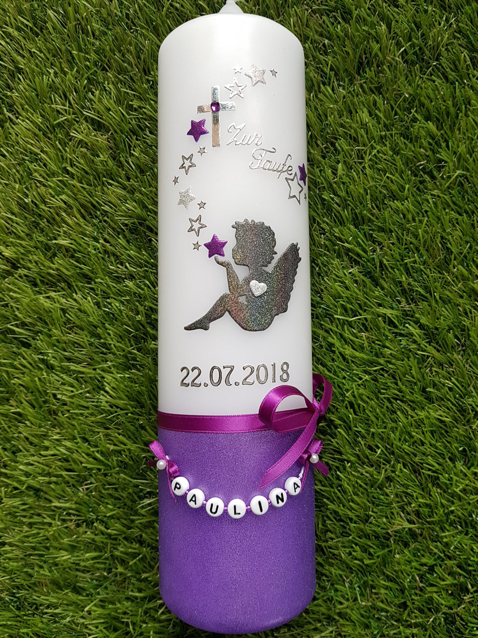 GRAVURZEILE Personalisierte Taufkerze Mit Löwenzahn-Motiv - Bedruckte Stumpenkerze 25x8cm Als Einzigartiges Taufgeschenk