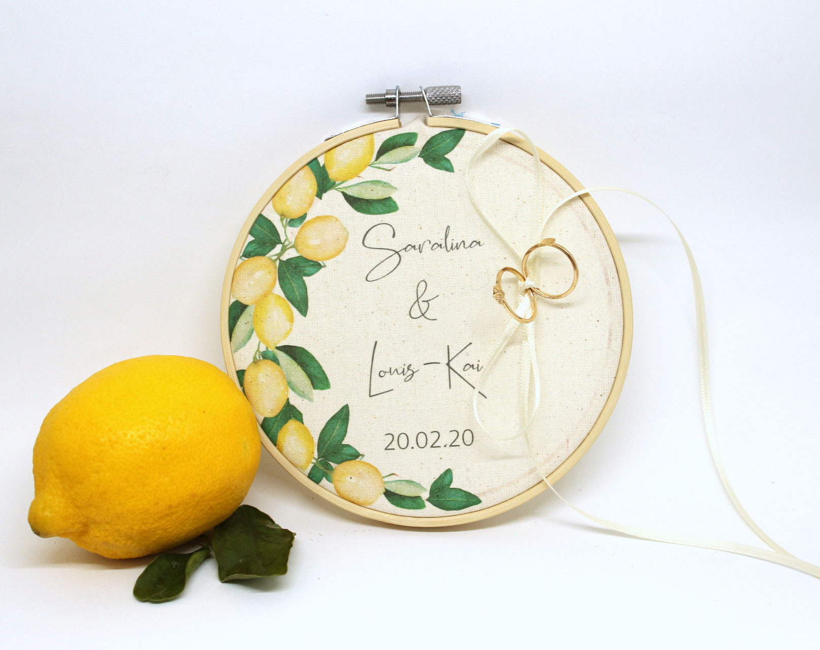Ringkissen Stickrahmen zur Hochzeit Zitrone 13,5cm Ringträger Kästchen