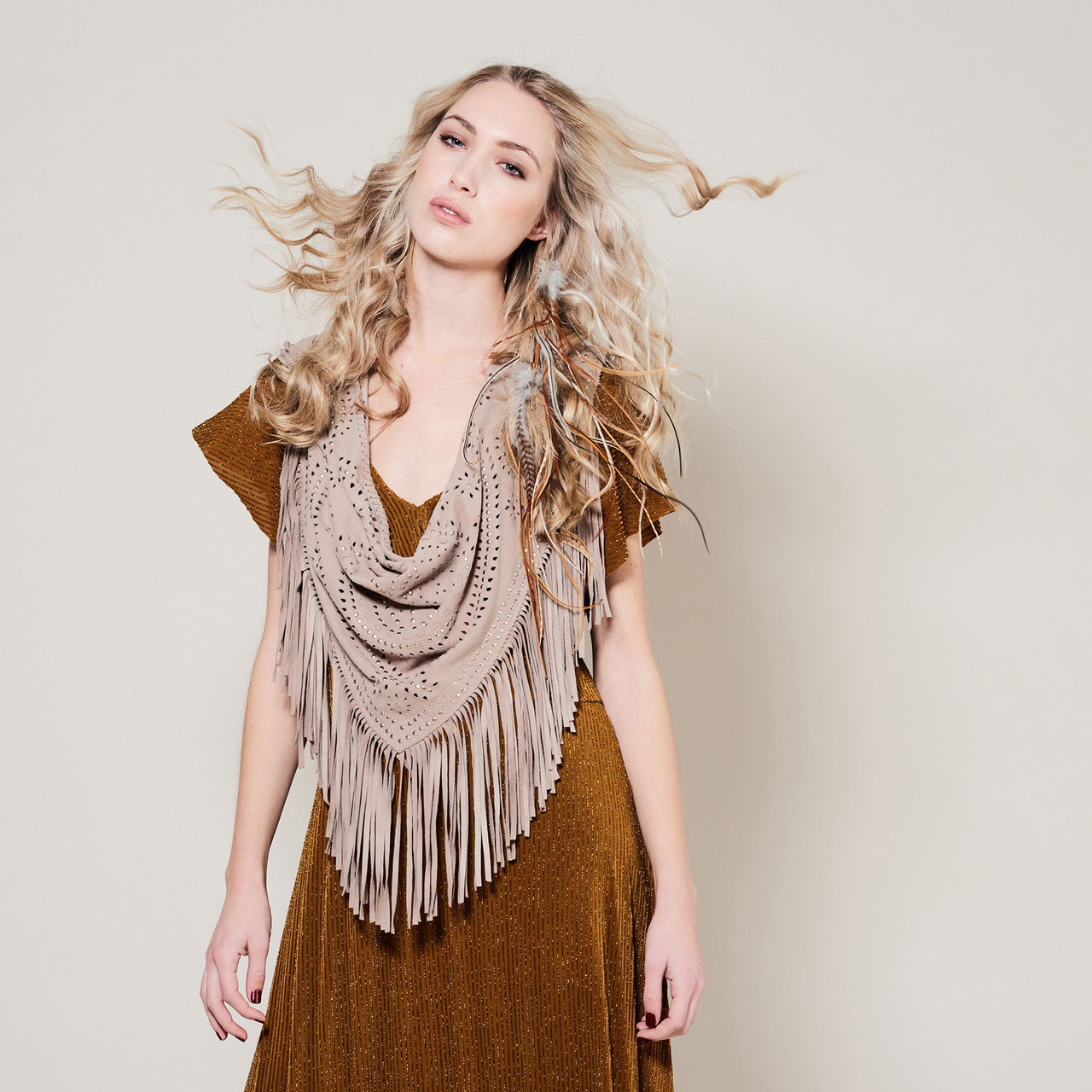 Midnight Range Faux Suede Collared Fringe Shawl (Tan)
