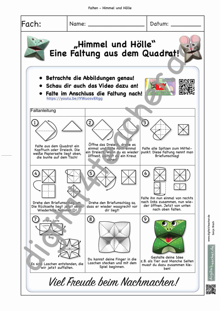"Himmel und Hölle" Spieltier Tier Maus Frosch Origami falten Unterrichtsmaterial Arbeitsblatt