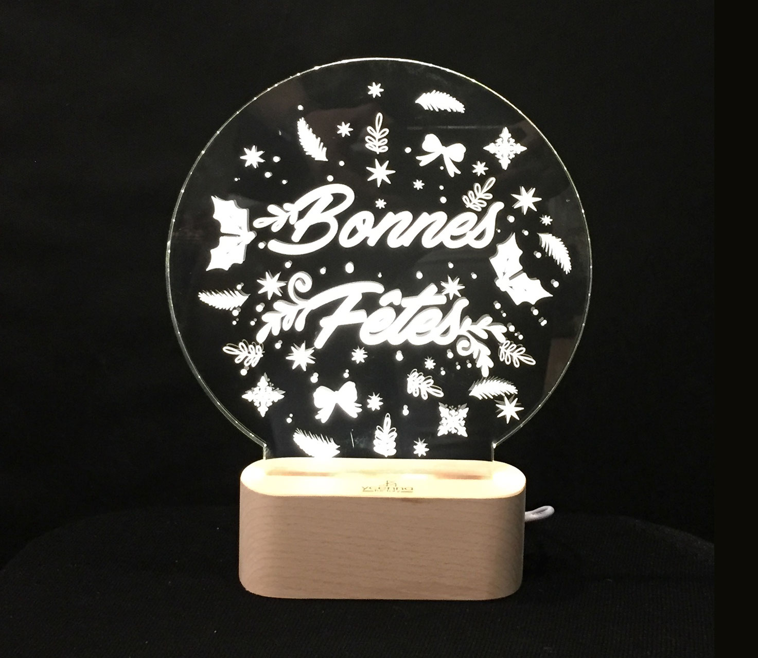 "BONNE FÊTE" NOËL LAMPE D'AMBIANCE BASE BOIS HELIOS LED Cadeaux et