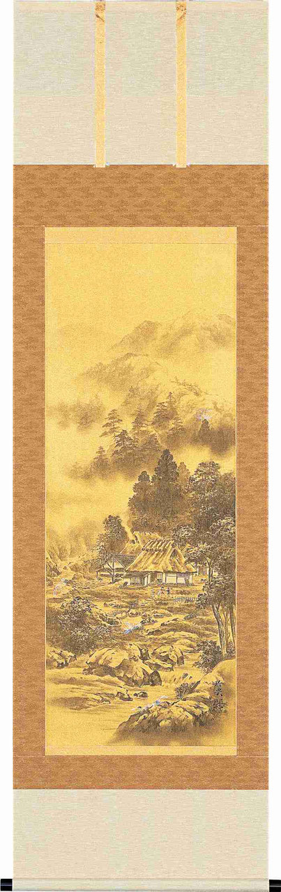 真作/井元萩浦/山水佳趣/山水図/横物/掛軸☆宝船☆AF-59 真作/井元萩浦/山水佳趣/山水図/横物/掛軸☆宝船☆