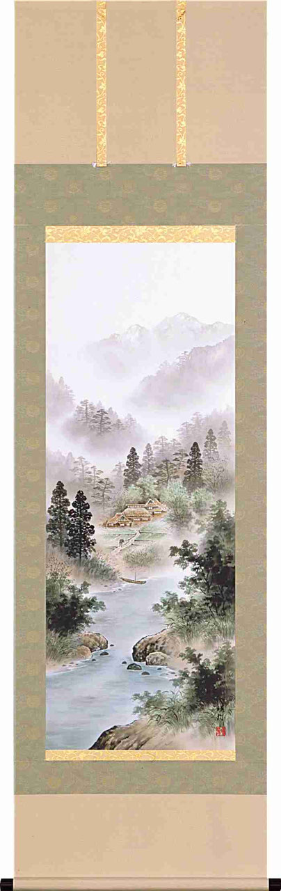 華山 掛け軸 彩色山水（舟） 華山 掛け軸 彩色山水（舟）