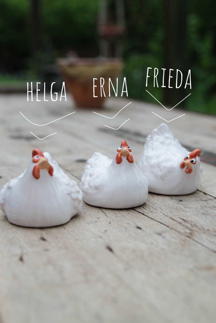 Hühner aus Keramik, Kantenhocker, Dekoidee - Der Kräuterzwerg - Website