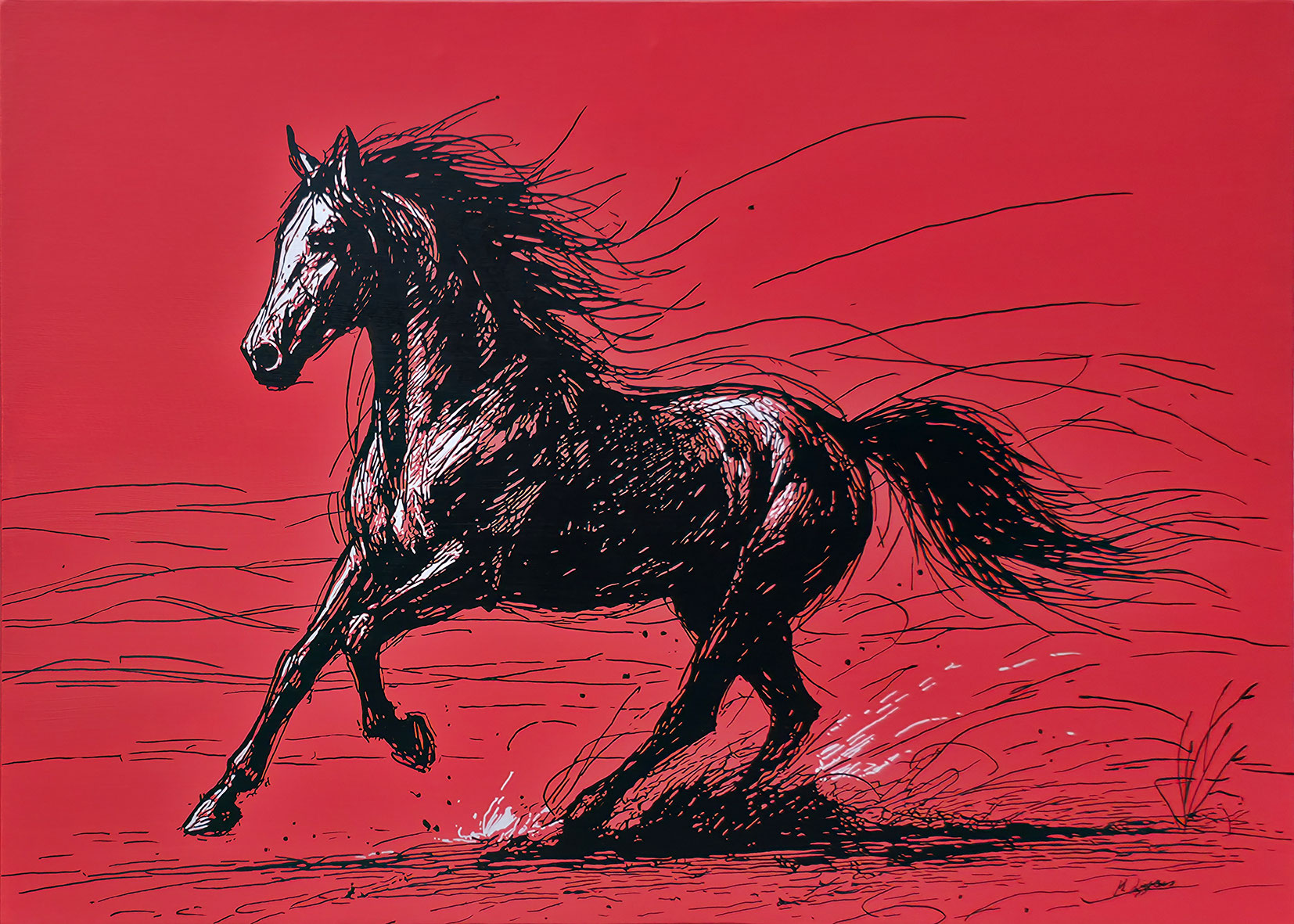 BLAZING – Araberpferd, 140 × 100 cm (2025), Acryl & Lackmarker auf Leinwand; roter Hintergrund.