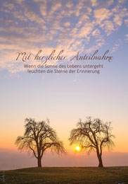 Trauerkarte, Beileidskarte, Trauerkarte Sonnenuntergang, Trauerkarte Bäume, Trauerkarte Bäume im Sonnenuntergang, Menschen die wir lieben, Trauerkarte Schweiz, Trauerkarte Schweiz bestellen
