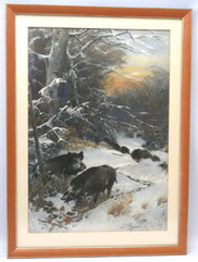 Christian Kröner Gouache - Papier "Wildschweinrotte" 1893 gerahmt 53,5 x 37,5 cm, € 850,00