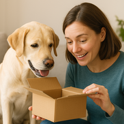 A dog owner sits on the sofa with her Labrador, opening a small package containing ToeGrips® – both look inside with curiosity.