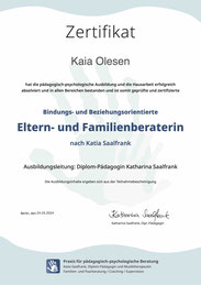 Zertifikat Bindungs- und beziehungsorientierte Eltern- und Familienberaterin nach Katia Saalfrank