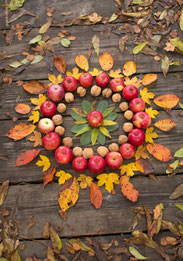 Glückwunschkarten, Dankeskarten, Herbst, Mandala, Äpfel, Baumnüsse, Ettiswil, Priska Ziswiler, Karten bestellen, Glückwunschkarten Schweiz, Fotokarten