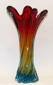 Große Murano Glas Vase, blau - gelb - rot, gezogen, Zipfel, 3030 g. 37,5 cm, € 500,00