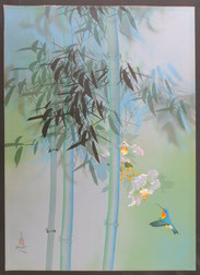 Farblithografie, Kolibri am Bambus, Blüte 196/300 Auflage, signiert, € 95,00