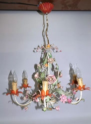Florentiner Kronleuchter Deckenleuchter bunte Blüten 6-Flammig Eisen H. 70,0 cm, € 480,00