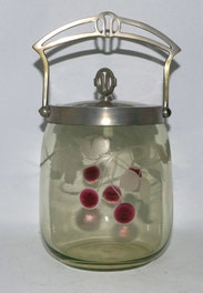 Jugendstil Bonboniere Glasdose Metallmontur Kirschdekor H. . 24,5 cm D. 12,0 cm, € 150,00