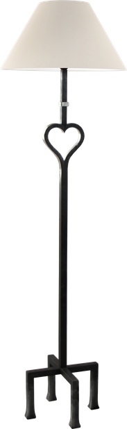 Lampadaire Valentin, acier laqué noir, forme droite avec coeur, 4 pieds, abat-jour rond blanc cassé