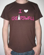 I love Greifswald-Shirt für Sie und Ihn, braun (Bernard und Bianca) mit pinker Schrift und weißem Herz/Turm.