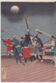 浮世絵販売｜東京　継古堂　武者絵 月岡大蘇芳年　英雄美談武者鑑　矢矧の落雁　Tsukioka Taisô YOSHITOSHI,  A mirror of valiant warriors : Descending geese at Yahagi Bridge (Eiyû Bidan Musha Kagami : Yahagi no Rakugan), warrior print, original woodblock print, Triptych