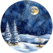 Eine runde Wasserfarben Illustration von kleinem gelben Vollmond an dunkel blauem Sternenhimmel, unten ist eine Schneelandschaft und zwei grosse Tannen mit Schnee bedeckt und schneebedeckte Hügel