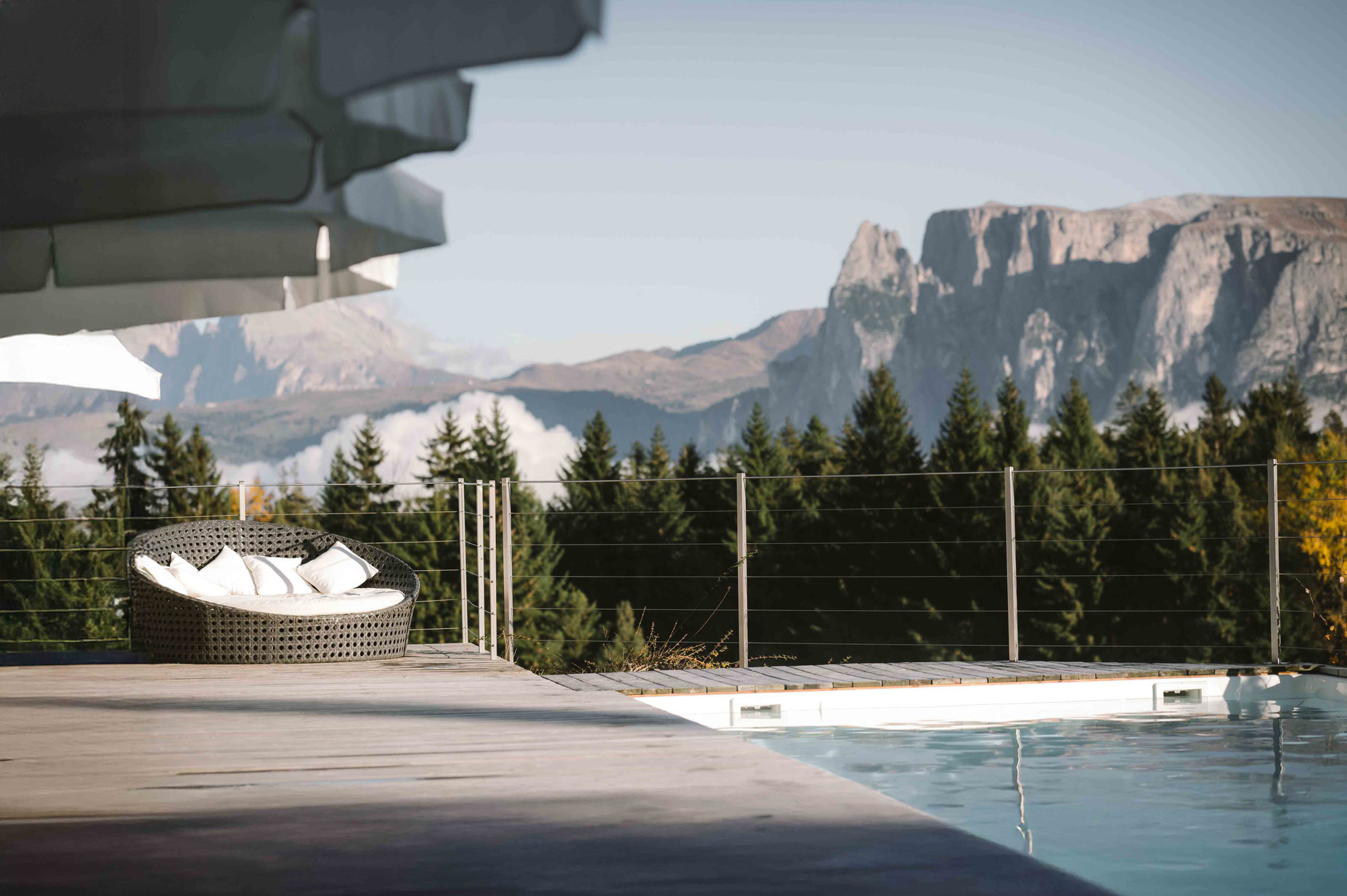 Pool at Hotel Tann on the Ritten plateau in South Tyrol with panoramic views of the Dolomites.