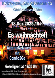 Donnerstag, 18.12.2025, Holzwurm Sasbachwalden. Geselligkeit ab 17:30 Uhr, Programm ab 19 Uhr.