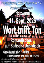 Donnerstag, 11.9.2025, Holzwurm Sasbachwalden. Geselligkeit ab 17:30 h, Programm ab 19 h.