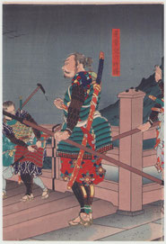 浮世絵販売｜東京　継古堂　武者絵 月岡大蘇芳年　英雄美談武者鑑　矢矧の落雁　Tsukioka Taisô YOSHITOSHI,  A mirror of valiant warriors : Descending geese at Yahagi Bridge (Eiyû Bidan Musha Kagami : Yahagi no Rakugan), warrior print, original woodblock print, Triptych