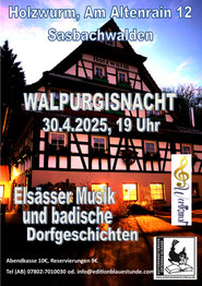 Mittwoch, 30.4.2025, Geselligkeit ab 17:30 Uhr, Programm ab 19 Uhr, Holzwurm Sasbachwalden