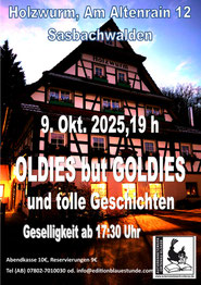 Donnerstag, 9.10.2025, Geselligkeit ab 17:30H, Programm ab 19h, Holzwurm Sasbachwalden