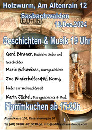 Mittwoch, 18.12., Sasbachwalden Holzwurm, ab 17 Uhr Flammkuchen, ab 19 Uhr Programm zur Winterzeit 